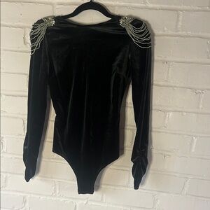 Elegant Black Velvet Bodysuit with Embellished Shoulders